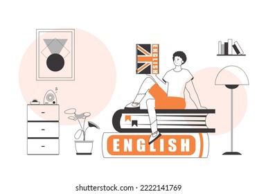Guy English teacher. The concept of learning a foreign language. Linear trendy style.