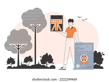 Guy English teacher. The concept of learning English. Linear trendy style.