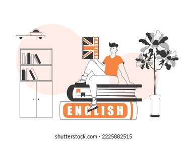 Guy English teacher. The concept of learning a foreign language. Line art style.