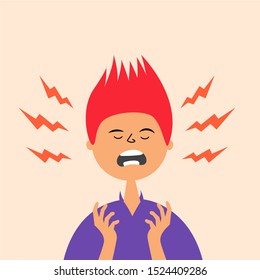 The guy is experiencing a stressful situation. Hysterical condition. Panic. Nerves on edge. Vector editable illustration