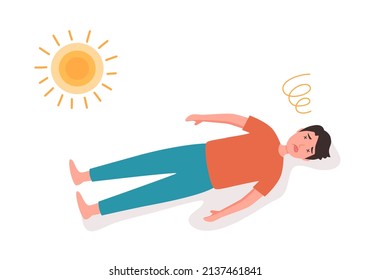 Guy fainting with heatstroke symptom from strong sunlight in flat design on white background.