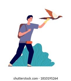 Chico y halcón. Propietario de un ave, mascota salvaje. El hombre libera águila en vuelo, ornitólogo aislado ilustración vectorial