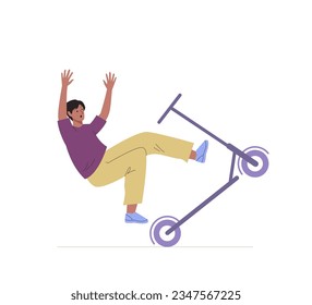 Guy falling down from electric scooter without helmet after accident on road. Health risk. Cartoon flat style isolated vector concept