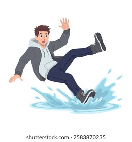 Guy falls into a puddle. Color vector illustration.