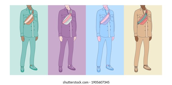 Guy With A Fanny Pack, Stylish Teen, Isolated Vector Illustration. Accessory For Travelling