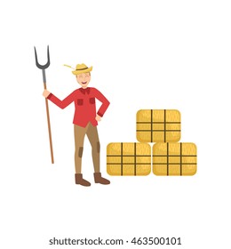 Guy With Farm Fork And Three Hay Stacks