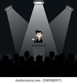 Guy feels free and relaxed behind a podium for public speaking in the spotlight in front of an audience, public speaking, flat style, black and white background
