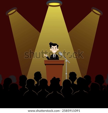 Guy feels free and relaxed behind the podium for public speaking in the spotlight in front of the audience, public speaking, flat style