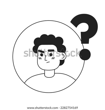 Guy feels uncertainty black and white concept vector spot illustration. Editable 2D flat monochrome cartoon character for web design. Round badge. Creative line art idea for website, mobile, blog