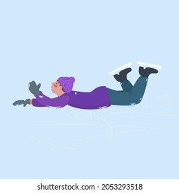 The guy fell on the skating rink skating. The fall of a man on a slippery surface. Winter outdoor recreation. Vector illustration in cartoon style.