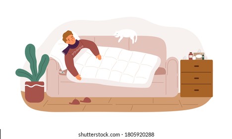 Guy with fever and influenza symptoms lying on sofa under blanket vector flat illustration. Sickness man having health problem sleeping on couch at home isolated. Male with grippe or infection