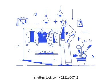 Guy fitting clothes in dressing room at fashion shop vector illustration. Man at clothing store linear concept. Shopping idea
