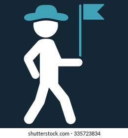 Guy Flag Guide vector icon. Style is bicolor flat symbol, blue and white colors, rounded angles, dark blue background.