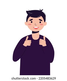 The guy in a flat modern style holds a thumbs up and shows that he likes everything. Cool and awesome. Vector stock illustration. White background