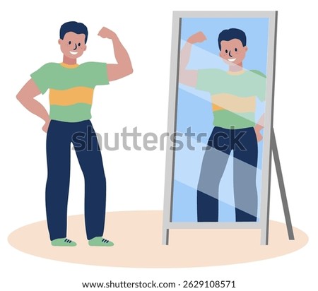 Guy Flexing His Arm Muscle In Front of a Mirror. Young man examines arm muscles standing front of mirror vector illustration isolated on white. Sports activities, healthy lifestyle.