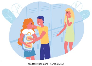 Guy Flirts with Girl, Cheating on his Girlfriend. Adult Passions School Corridor. Girl Upset when she Sees her Boyfriend Flirting with another Girl. Students Build Romantic Relationship at School.