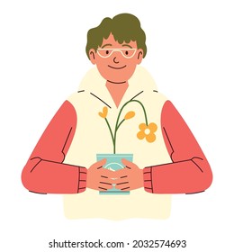 guy with flower in pot icon isolated