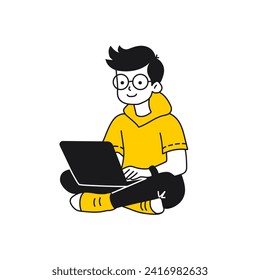 El autónomo de gafas se sienta con las piernas cruzadas y trabaja en una laptop. Dibujo aislado de ilustración lineal plana en negro y amarillo sobre fondo blanco