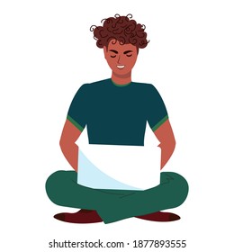 Guy freelancer or student sits at a laptop. Isolated vector illustration on white background.