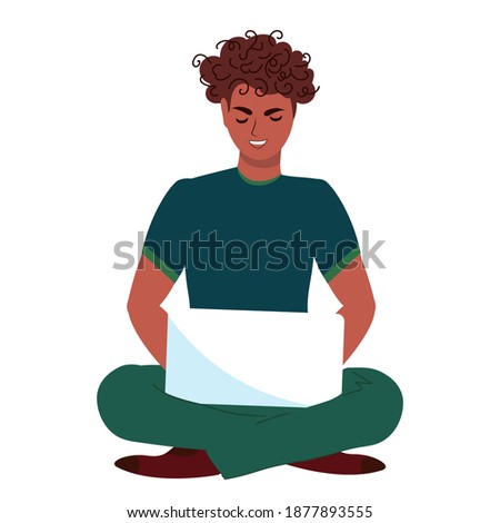Guy freelancer or student sits at a laptop. Isolated vector illustration on white background.