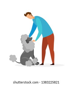 Guy with French Poodle Flat Vector Illustration. Pet Lover, Owner in Casual Clothes Cartoon Character. Professional Dog Walking, Training Service. Domestic Animals Show. Veterinary Clinic