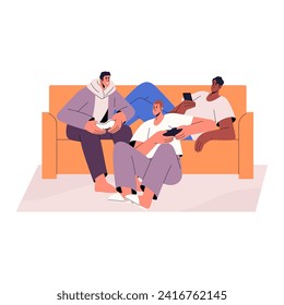 Guy friends meeting, play videogame console, spend time together. Happy young men gamers with controllers, joysticks sitting on sofa. Multiplayer video game. Flat isolated vector illustration on white