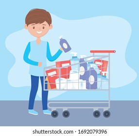 guy with full cart of cleaning products and care excess purchase vector illustration