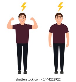The guy with a full charge of energy, a strong active man, cartoon character vector illustration