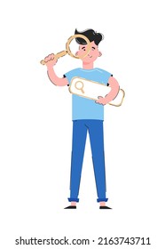 The guy in full growth holds a magnifying glass. Isolated on white background. Good for apps, presentations and websites.