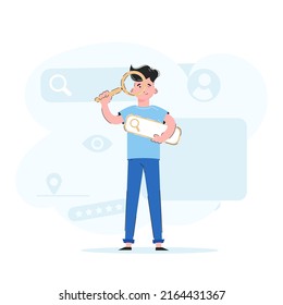 The guy in full growth holds a magnifying glass. Trend illustration. Good for apps, presentations and websites.