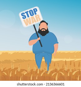 El chico en pleno crecimiento sostiene un afiche con la inscripción Detengan la guerra. Paisaje rural con campo de trigo y cielo azul en el fondo. Ilustración vectorial.
