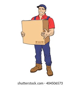 The guy is full height with the box, man holding parcel, vector color illustration, sketch style hand-drawn to the concept of delivery of stuff, transportation of goods, moving to another house
