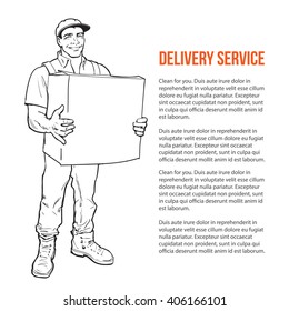 The guy is full height with the box, man holding parcel, vector color illustration, sketch style hand-drawn to the concept of delivery of stuff, transportation of goods, moving to another house