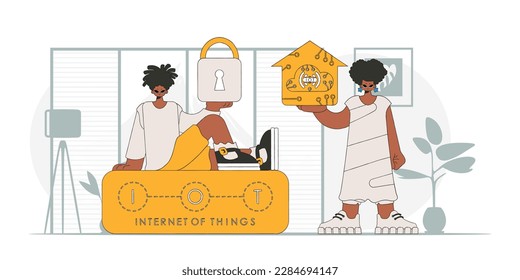 Guy and gal go digital, creating tech in the IoT space with vector modern style.