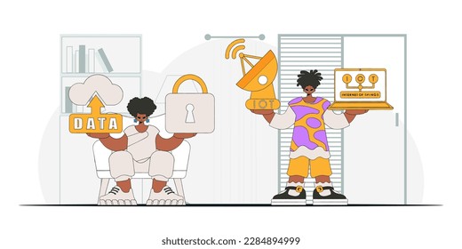 Guy and gal in internet of things biz, modern vector character design.