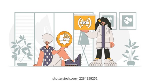 Guy and gal pair up representing the IOT industry, rendered in a modern vector style.