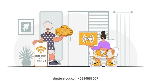 Guy and gal are part of a tech team in the IoT industry, with a modern vector look.