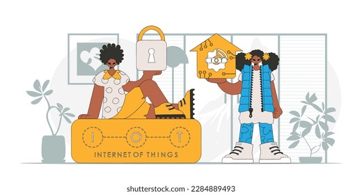 Guy and gal are partners in the IoT realm, in a contemporary vector aesthetic.