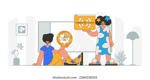 Guy and gal working together in IoT industry, depicted with contemporary design.