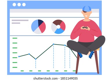 Guy with gamepad in his hands. Office work management. Data analysis concept. Poster with calculations and growing graph on background. Statistics and business anatytics. Man playing with a joystick