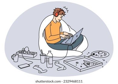 Guy gamer playing online on laptop surrounded by food at home. Desperate man using computer feel addicted to social media and gaming. Addiction to gadgets. Vector illustration.