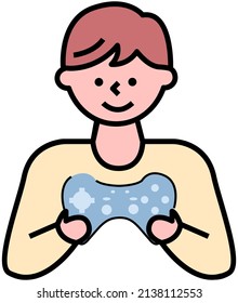 Guy gaming, playing video game. Young gamer with gamepad isolated on white background. Boy holding joystick in hands. Man playing computer game. Male character with remote controller device