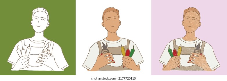 Guy in gardening clothes, gardener cartoon characters smiling, holding pruner and crops in hands. Set of different styles hand drawn flat vector illustration isolated on colored background.