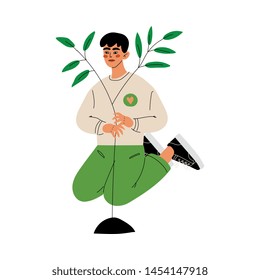 Guy Gardening and Planting Seedling of Tree, Male Volunteer Working in Garden or Farm, Volunteering, Ecological Lifestyle Vector Illustration