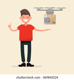 guy gets a package from the drone The concept of parcel delivery