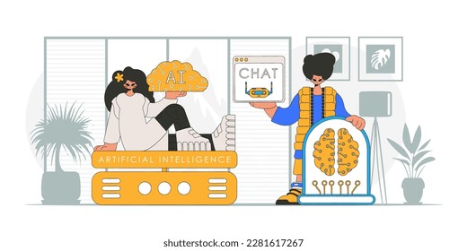 Guy and girl AI squad, embodying modern fashion, depicted in a vector graphic.