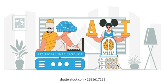 Guy and girl AI squad in modern fashion, vector art.