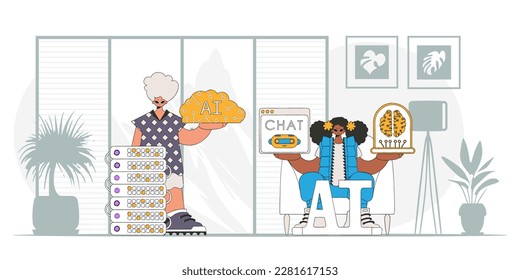 Guy and girl AI squad in trendy style, depicted in vector format.