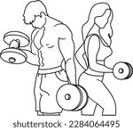 A guy and a girl of an athletic build are training with dumbbells in the gym. Black line.
