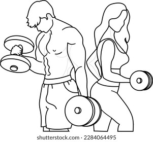 A guy and a girl of an athletic build are training with dumbbells in the gym. Black line.